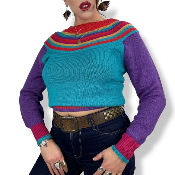 ❌SOLD❌1970's QUEENS WAY TO FASHION rainbow knit sweater made in Korea - Picture 3 of 17
